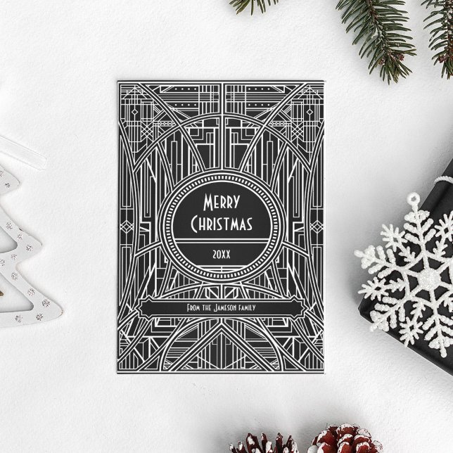 Retro art deco Merry Christmas black and white Holiday Card (Creator Uploaded)