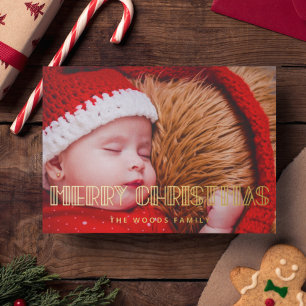 Retro Art Deco Merry Christmas Photo Gold Foil Holiday Card