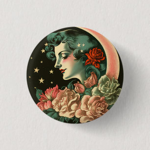 Retro Art Deco Moon Lady & Flowers 3 Cm Round Badge