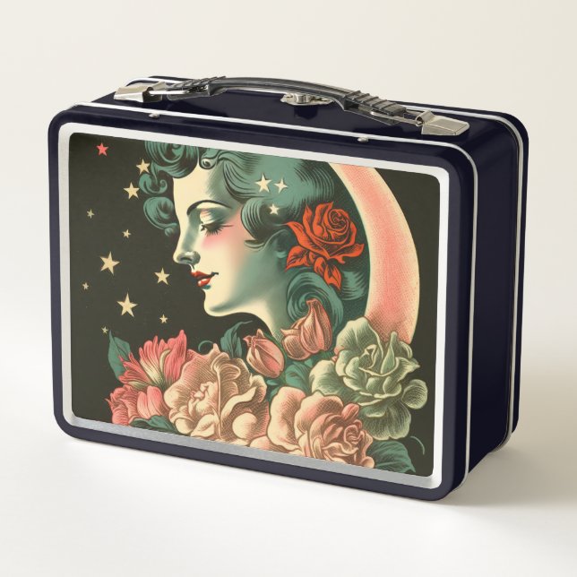 Retro Art Deco Moon Lady & Flowers Metal Lunch Box (Back)