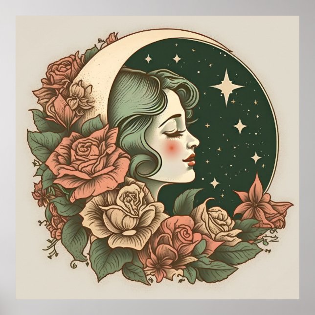 Retro Art Deco Moon Lady Stars & Flowers Poster (Front)