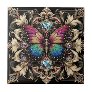 Retro Art Deco Nouveau Rainbow Butterfly Tile