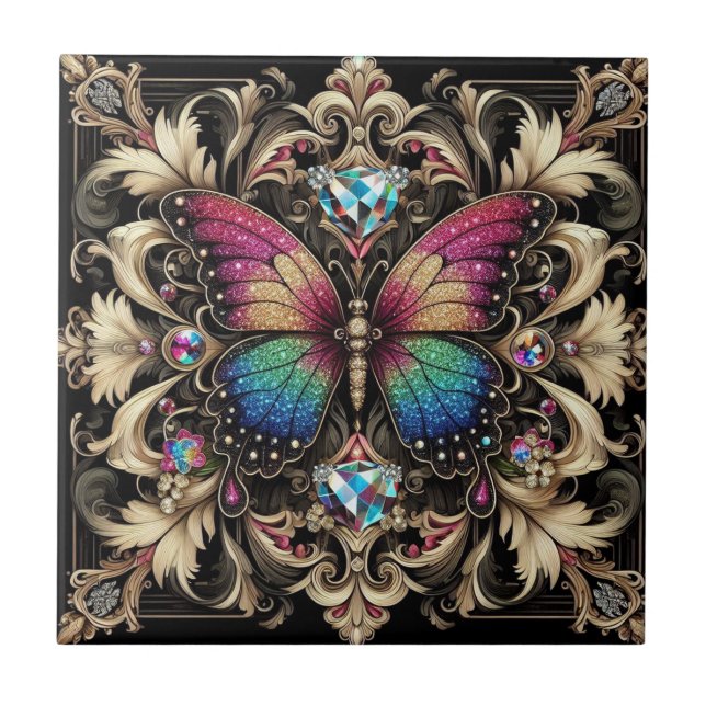 Retro Art Deco Nouveau Rainbow Butterfly Tile (Front)