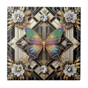 Retro Art Deco Nouveau Rainbow Butterfly Tile