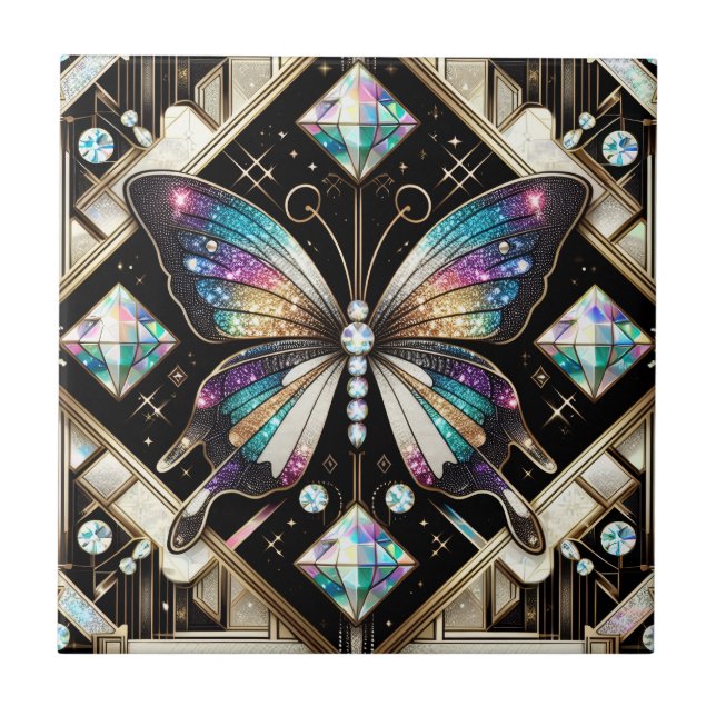 Retro Art Deco Nouveau Rainbow Butterfly Tile (Front)