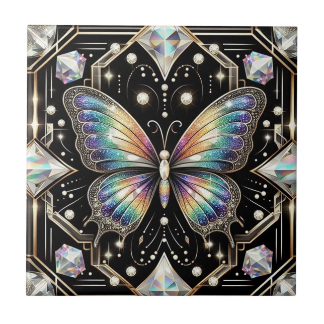 Retro Art Deco Nouveau Rainbow Butterfly Tile (Front)