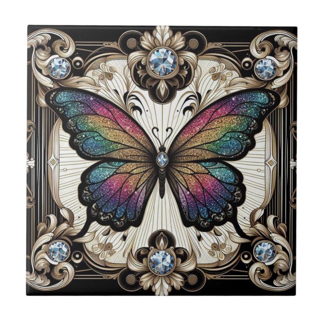 Retro Art Deco Nouveau Rainbow Butterfly Tile (Front)