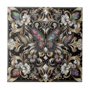 Retro Art Deco Nouveau Rainbow Butterfly Tile