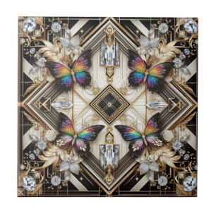 Retro Art Deco Nouveau Rainbow Butterfly Tile