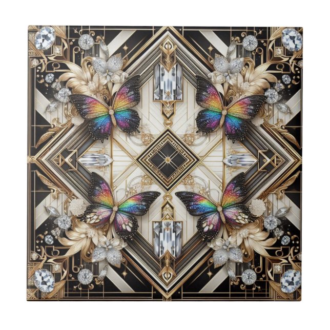 Retro Art Deco Nouveau Rainbow Butterfly Tile (Front)