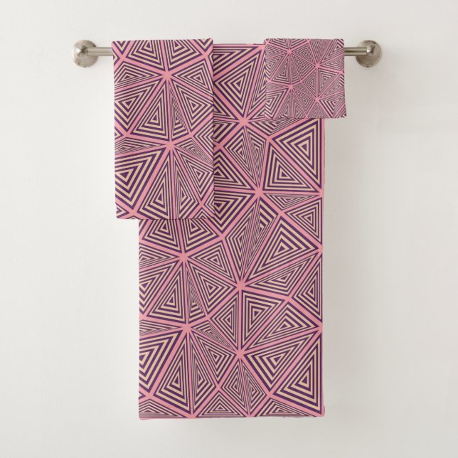Retro Art Deco Pink & Black Geometric Pattern Bath Towel Set (Insitu)