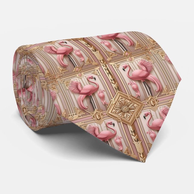 Retro Art Deco Pink Flamingos Tie (Rolled)
