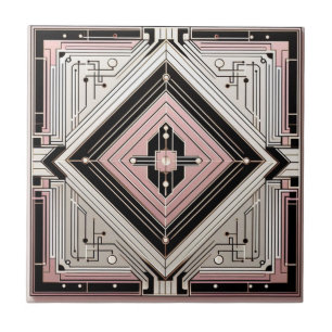 Retro Art Deco Pink White and Black Tile