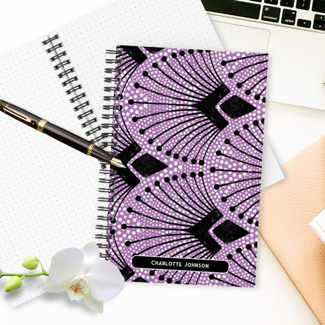 Retro Art Deco Purple Black White Peacock Pattern Notebook (Art Deco Purple Black White Modern Peacock Pattern Notebook ©Susanne Sachers - Sunny Mind 🌞)