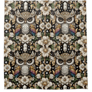 Retro Art Deco Rainbow Owls Shower Curtain