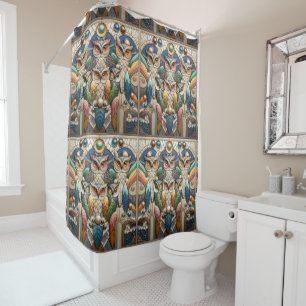Retro Art Deco Rainbow Owls Shower Curtain