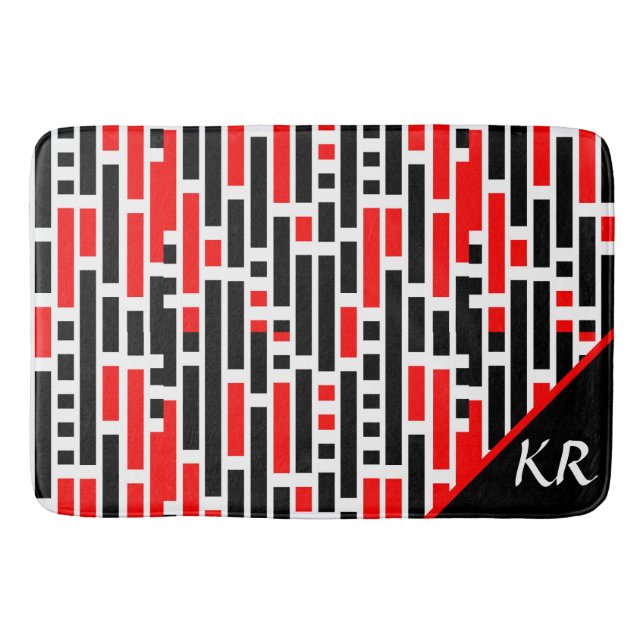 Retro Art Deco Red Black Abstract Pattern Monogram Bath Mat (Front)