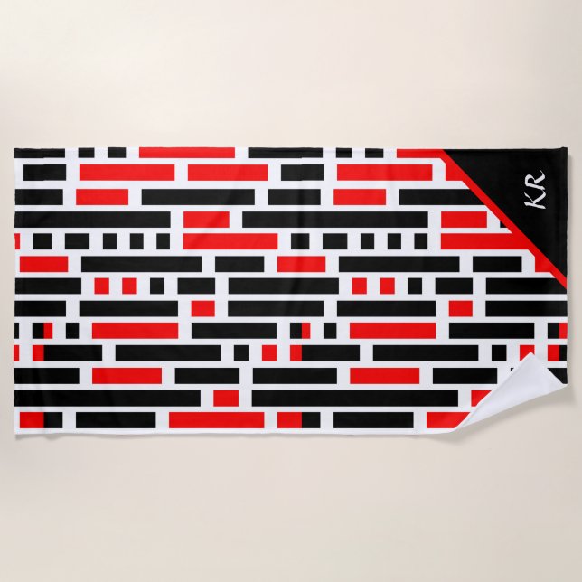 Retro Art Deco Red Black Abstract Pattern Monogram Beach Towel (Front)