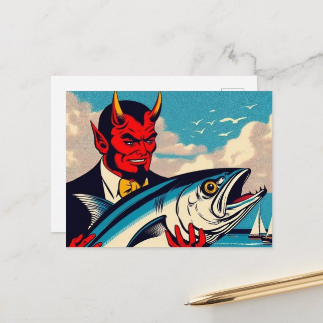 Retro Art Devil With A Tunafish on the Beach Postcard (Front/Back In Situ)
