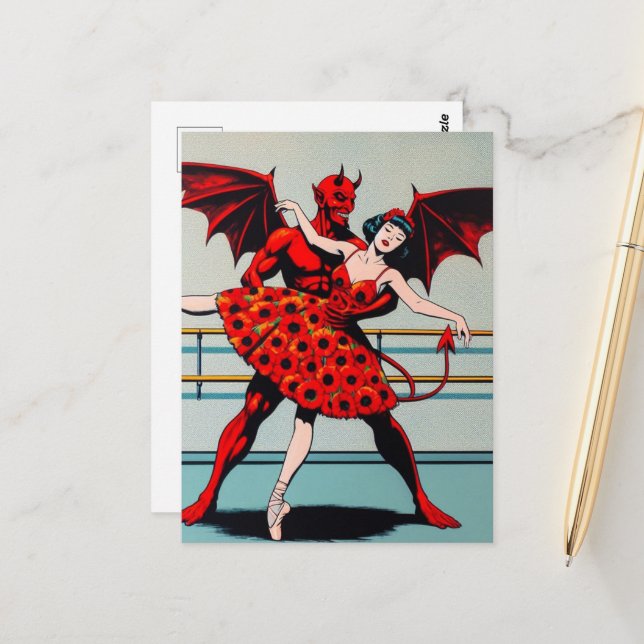 Retro Art Devil With ballerina in a Poppy Dress Postcard (Front/Back In Situ)