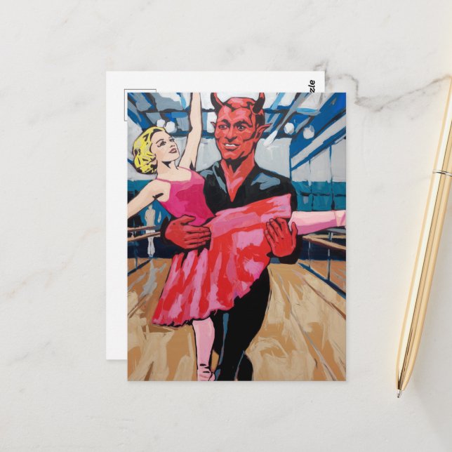 Retro Art Devil With Dancer in a Red Pink Dress Postcard (Front/Back In Situ)