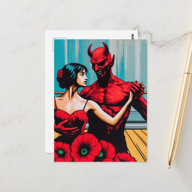 Retro Art Devil With Dancer in a Red Poppy Dress Postcard (Front/Back In Situ)