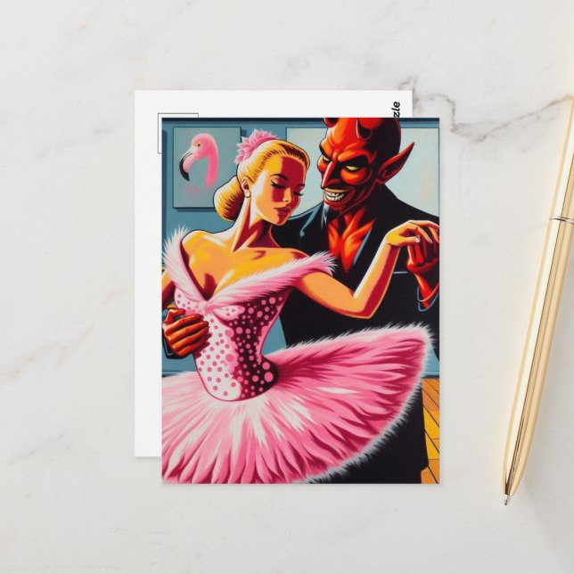 Retro Art Devil With Flamingo Dancer  Postcard (Front/Back In Situ)