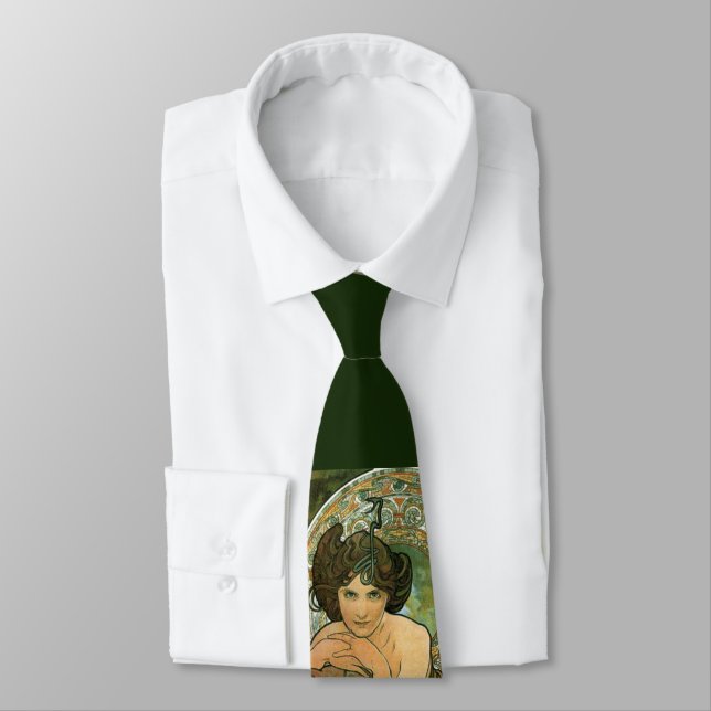 Retro Art Nouveau Alphonse Mucha Emerald Temptress Tie (Tied)