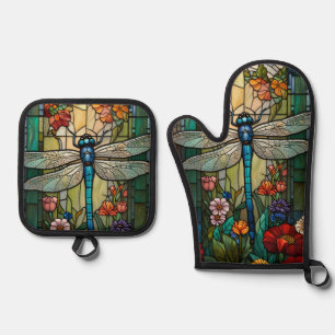 Retro art nouveau dragonfly boho chic oven mitt & pot holder set