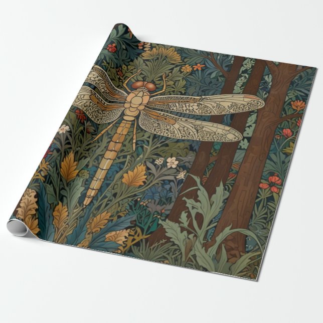 Retro art nouveau dragonfly boho chic wrapping paper (Unrolled)
