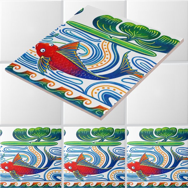 Retro Art Nouveau Fish & Lily Frieze Pattern Tile (Creator Uploaded)