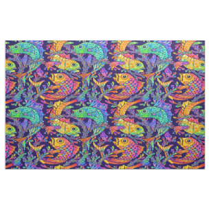 Retro Art Nouveau Fish & Seaweed Pattern Fabric
