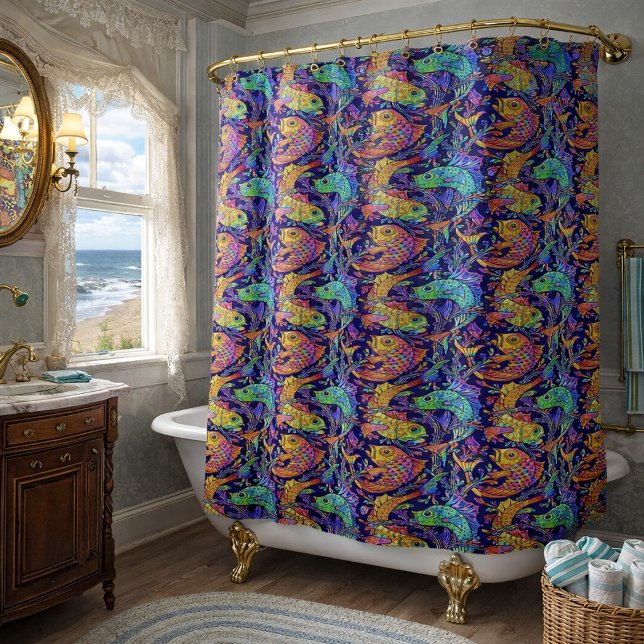 Retro Art Nouveau Fish & Seaweed Pattern Shower Curtain (Creator Uploaded)
