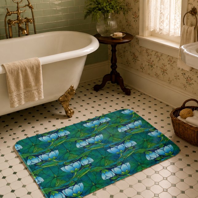 Retro Art Nouveau Floral Lily Pad Pattern Bath Mat (Creator Uploaded)