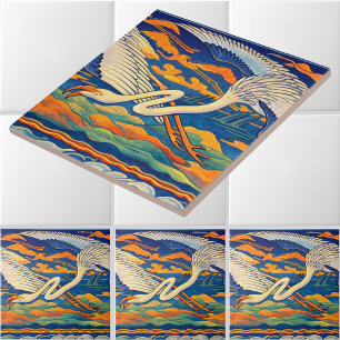 Retro Art Nouveau Flying Flamingos Frieze Tile