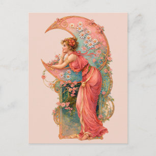 Retro Art Nouveau Woman & Crescent Moon Postcard