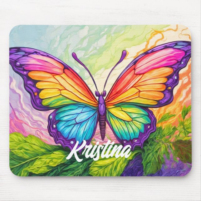 Retro Artistic Custom Butterfly Monogram Name Mouse Mat (Front)