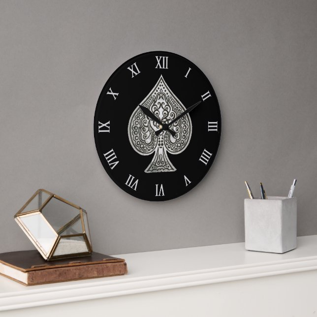 Retro Artistic Poker Ace Of Spades Large Clock (Office)