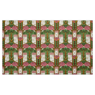 Retro Arts & Crafts Floral Foliage Rose Pattern Fabric