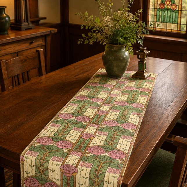 Retro Arts & Crafts Floral Foliage Rose Pattern Short Table Runner (Creator Uploaded)