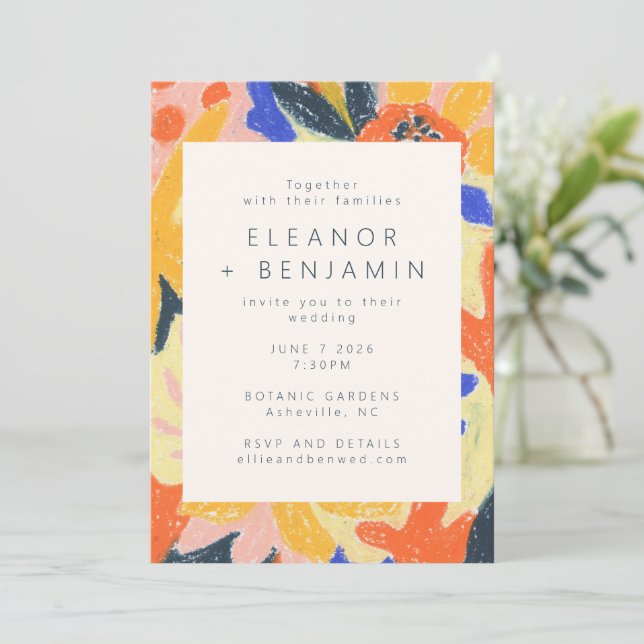 Retro Artsy Abstract Botanical Fun Wedding Invitation (Standing Front)
