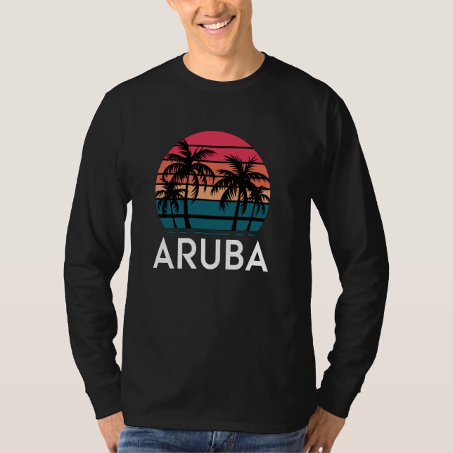 Retro Aruba, Fun Beach Sunset Palm Tree Summer T-Shirt (Front)