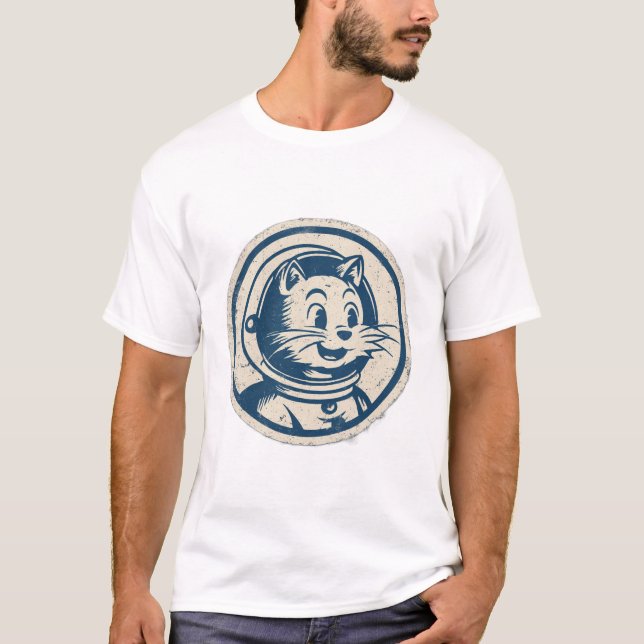 Retro Astro Cat – Vintage Space Badge T-Shirt (Front)
