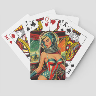 Retro Astronaut Girl Playing Cards