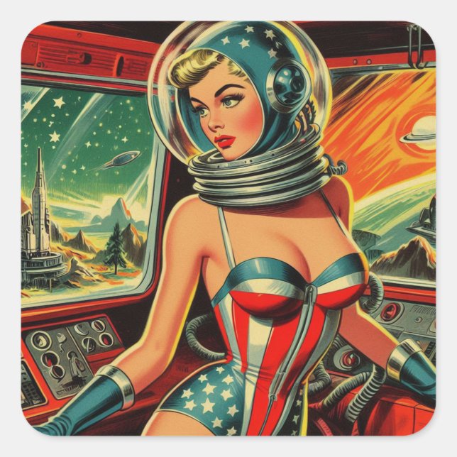 Retro Astronaut Girl Square Sticker (Front)