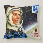 RETRO ASTRONAUT ILLUSTRATION 1960's SPACE TRAVEL  Cushion<br><div class="desc">A  Retro style Throw Pillow,  with a detail from a 1961 vintage postcard,  featuring a Soviet astronaut. A great present for someone born in the 60's,  and a must have for anyone who appreciates Vintage design. Visit our Store for more Retro Space Age Pillows and other Home Accessories.</div>