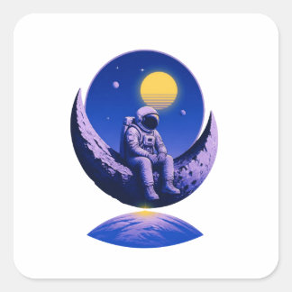 Retro Astronaut on Crescent Moon – Cosmic Space Ar Square Sticker