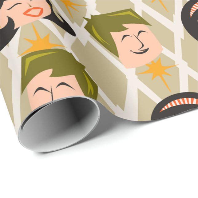 Retro Atomic 50s Happy Heads Pattern Wrapping Paper (Roll Corner)