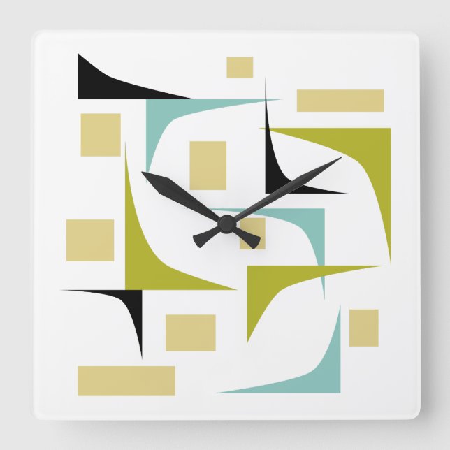 Retro Atomic Age Geometric Corners Mid Century Square Wall Clock (Front)