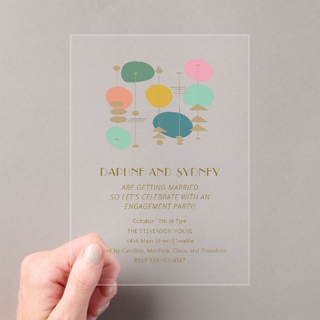 Retro Atomic Age Mid Century Mod Engagement Party Acrylic Invitations (Insitu (Handheld))